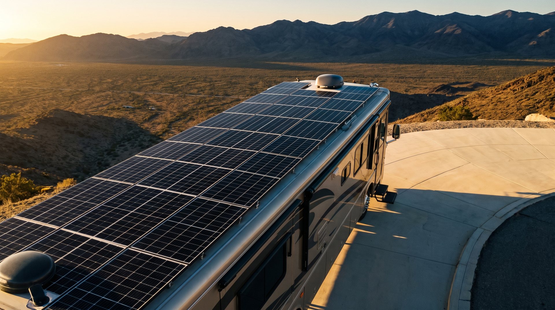 Class A motorhome with a large rail-mounted rooftop solar array at a desert overlook