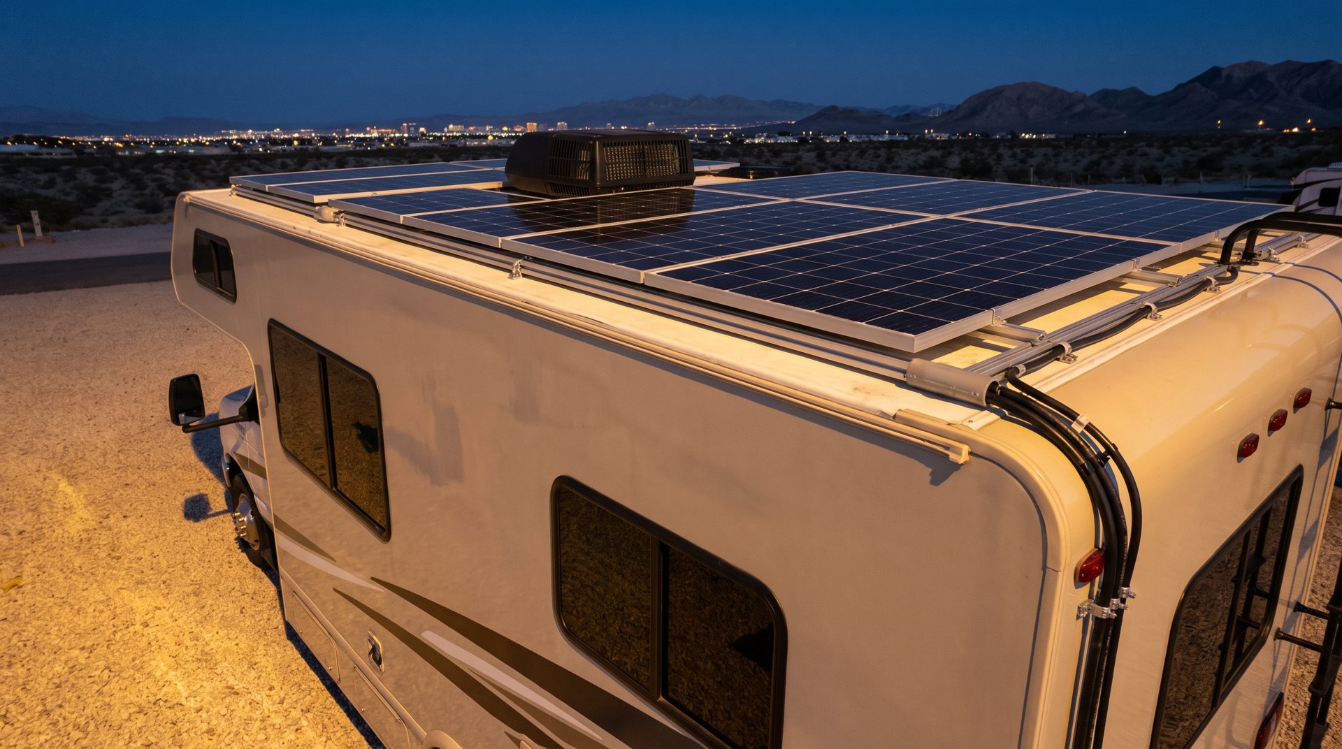 Class C motorhome with rooftop solar panels mounted around the air conditioner