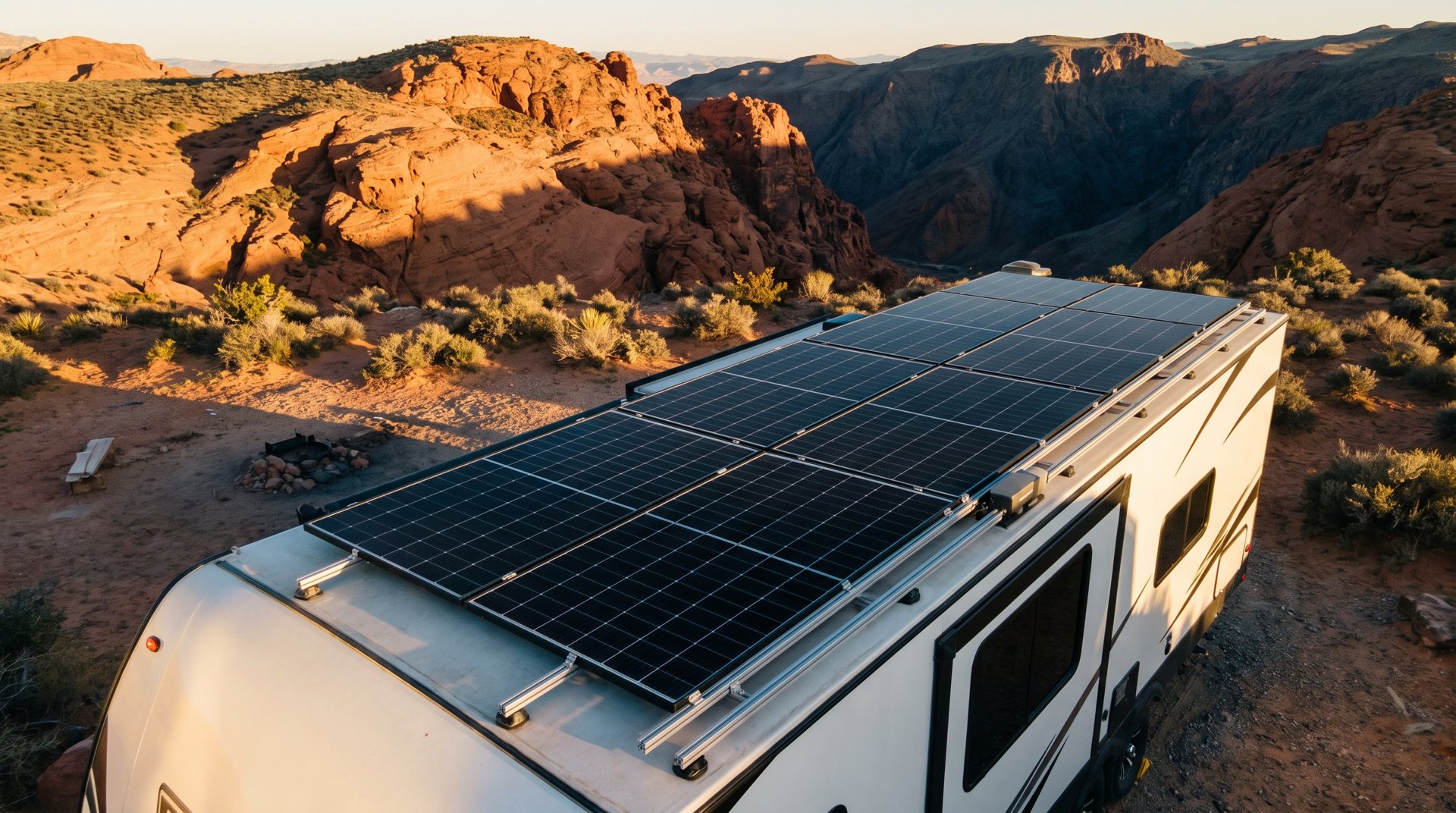 Travel trailer with a rail-mounted rooftop solar array in the Nevada desert