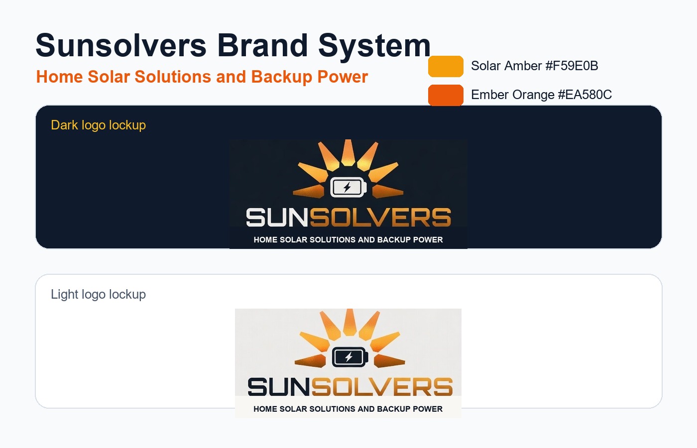 Sunsolvers brand sheet showing light and dark logos
